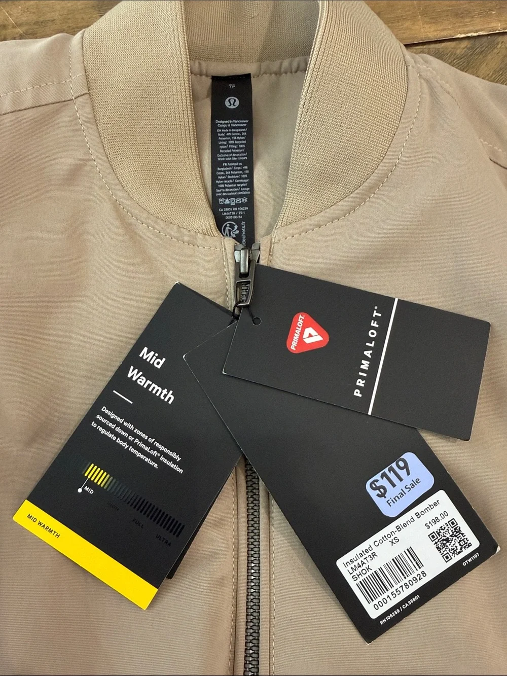 Lululemon NWT Insulated Cotton-Blend Bomber Jacket Size XS Cream FullZip Pockets